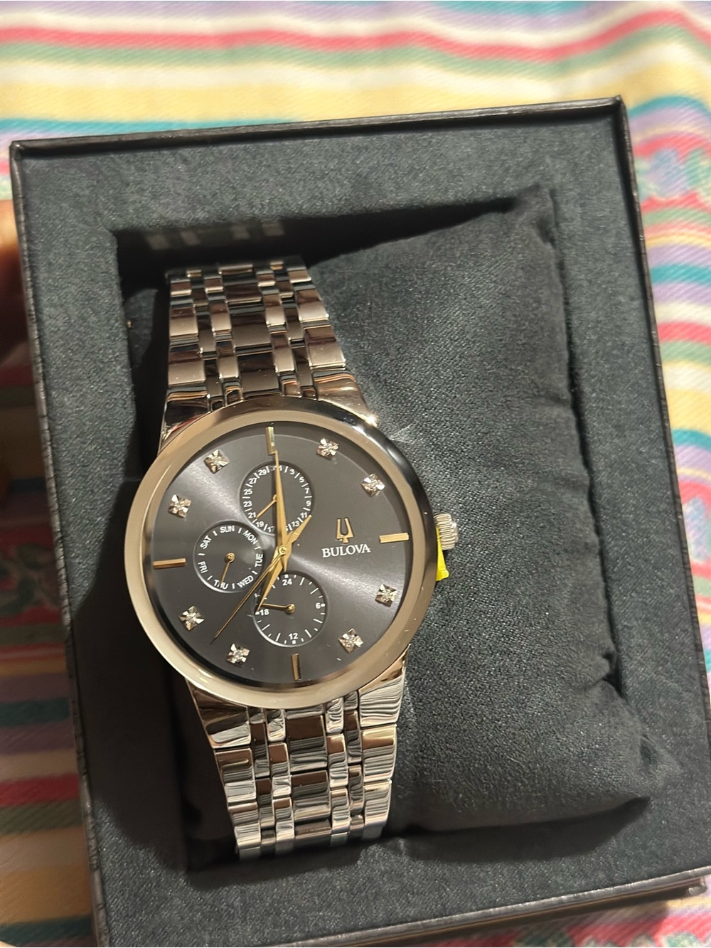 Bulova Silver Tone Men's Watch with Black Dial and Crystal Accents